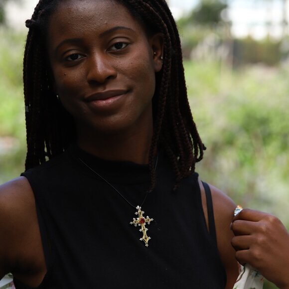 Vintage Gothic Cross Sterling Silver & Brass Artistic Red Cross Red Stone - Picture 10 of 12